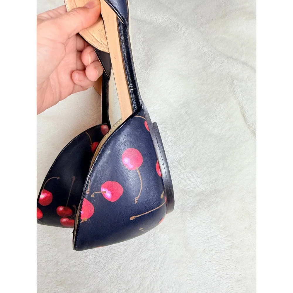 J.Crew Women Cherry Print D'Orsay Flats Size 11 Black Red Pointed Toe Leather